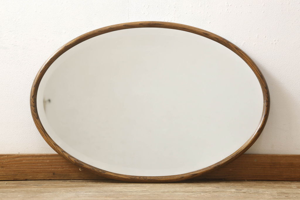 イギリスビンテージ　オーク材　シンプルなデザインのオーバルミラー(壁掛け鏡、ヴィンテージ)(R-059783)