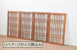 大正昭和初期　モールガラス・すりガラス　アンティークペイントを施したリメイクガラス戸3枚セット(建具、引き戸)