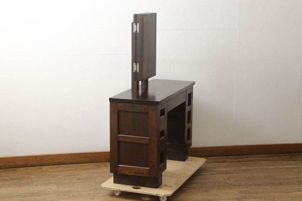 中古 松本民芸家具 シックな色合いと直線的なデザインが美しい309型三面鏡(ドレッサー、鏡台)(R-061190) ラフジュ工房