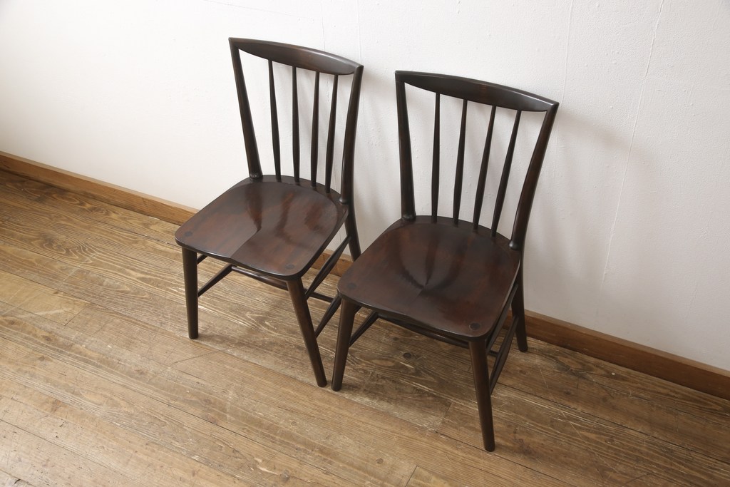 中古　美品　松本民芸家具　220F型　シックな佇まいが魅力的なチェア2脚セット(ダイニングチェア、板座チェア、椅子)(R-055841)