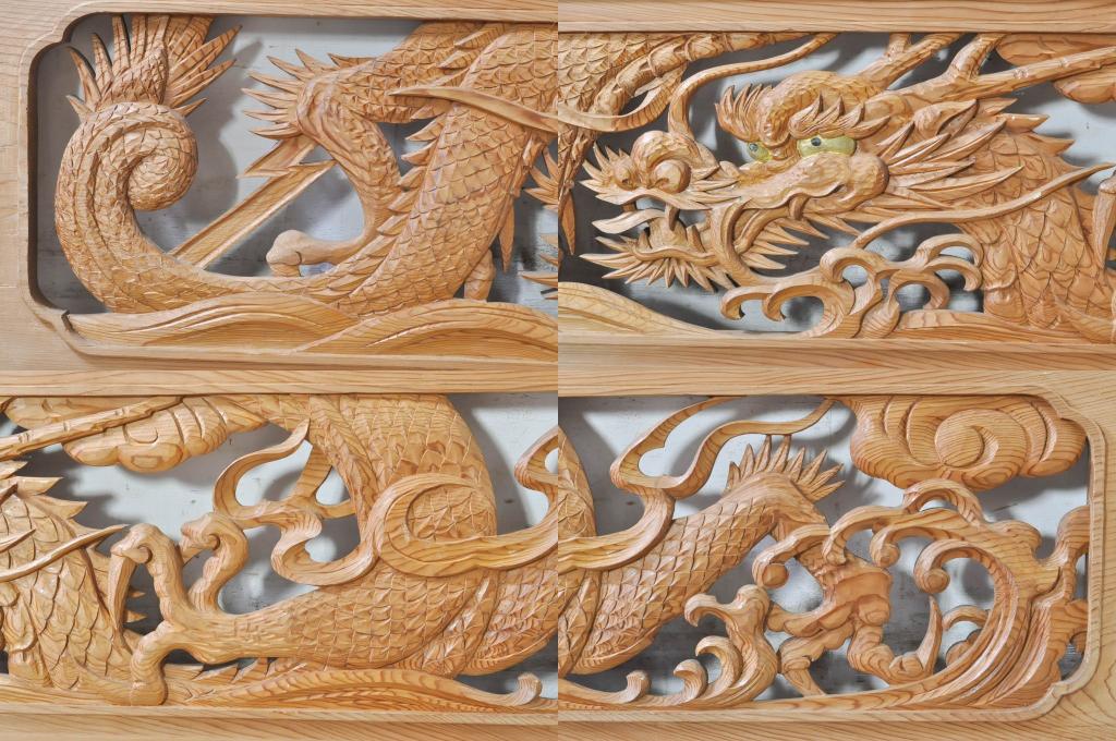 ビンテージ建具　杉(スギ)材　躍動感ある龍(竜)が見事な両面彫刻欄間2枚セット(明かり取り、明り取り、ヴィンテージ)(R-073857)