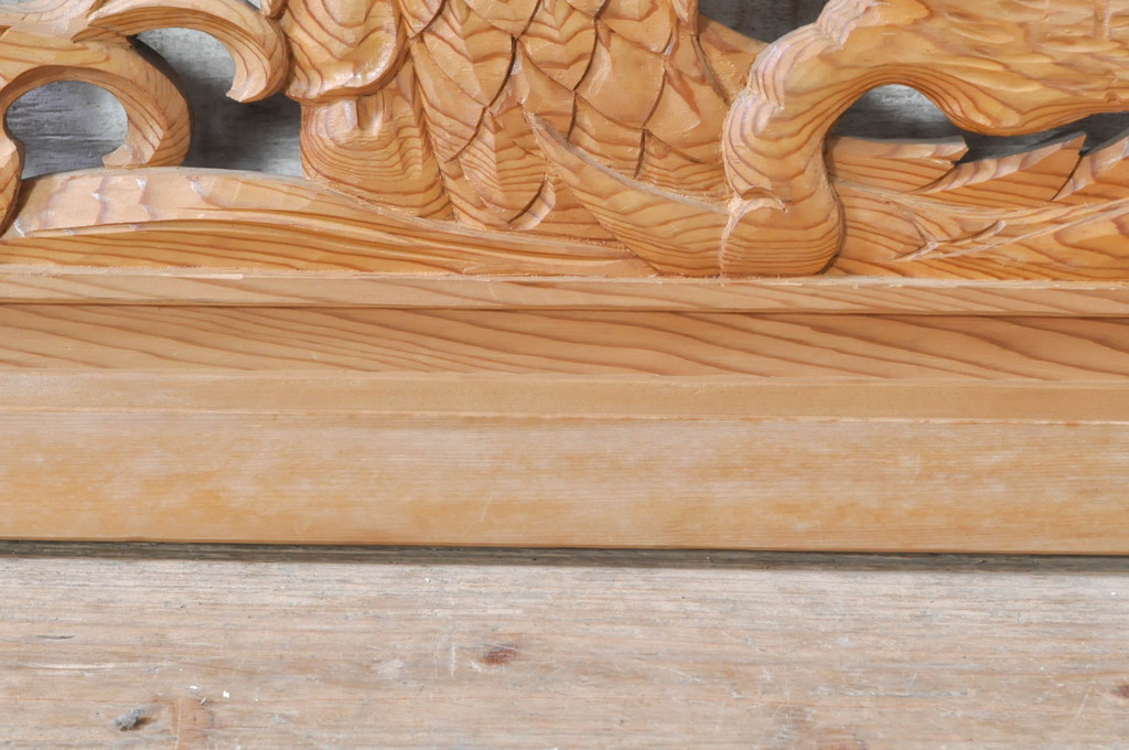 ビンテージ建具　杉(スギ)材　躍動感ある龍(竜)が見事な両面彫刻欄間2枚セット(明かり取り、明り取り、ヴィンテージ)(R-073857)
