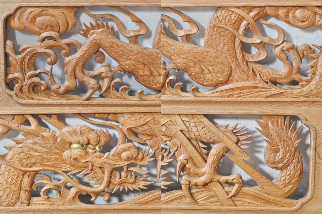 ビンテージ建具　杉(スギ)材　躍動感ある龍(竜)が見事な両面彫刻欄間2枚セット(明かり取り、明り取り、ヴィンテージ)(R-073857)