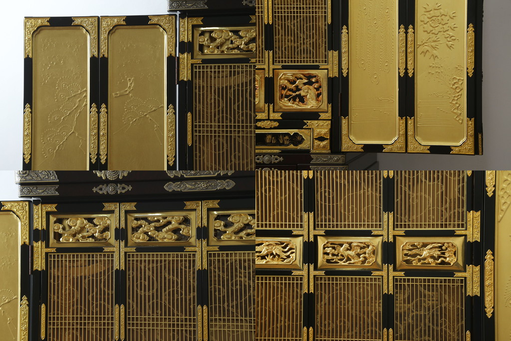 中古　未使用展示品　超美品!!　150代　三方開　総金　金仏壇　優しい雰囲気の色合いと細部まで造り込まれた意匠が魅力の仏壇(定価約265万円)(R-077787)