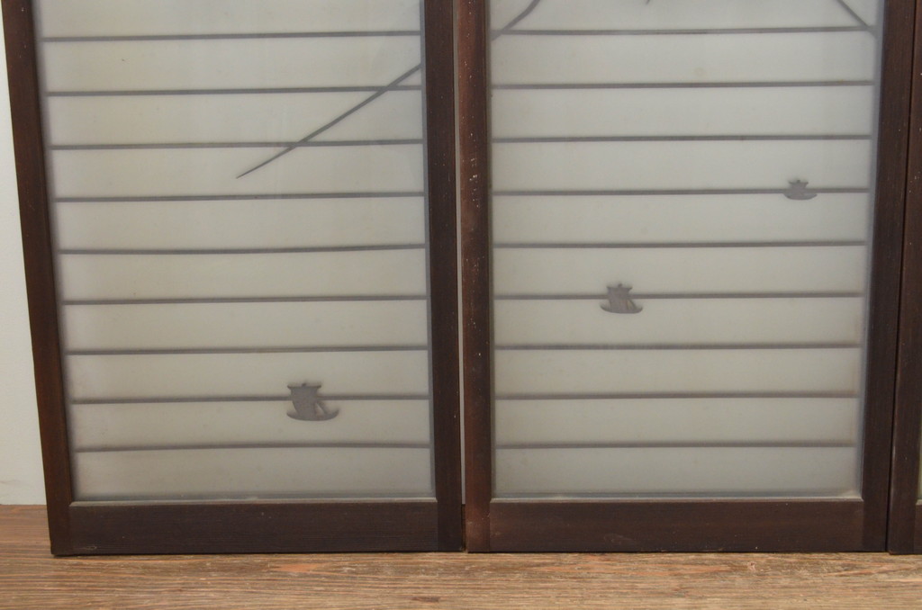 アンティーク建具　のどかな野の様子を表現したガラス入り書院戸4枚セット(窓、引き戸、ガラス戸)(R-067183)