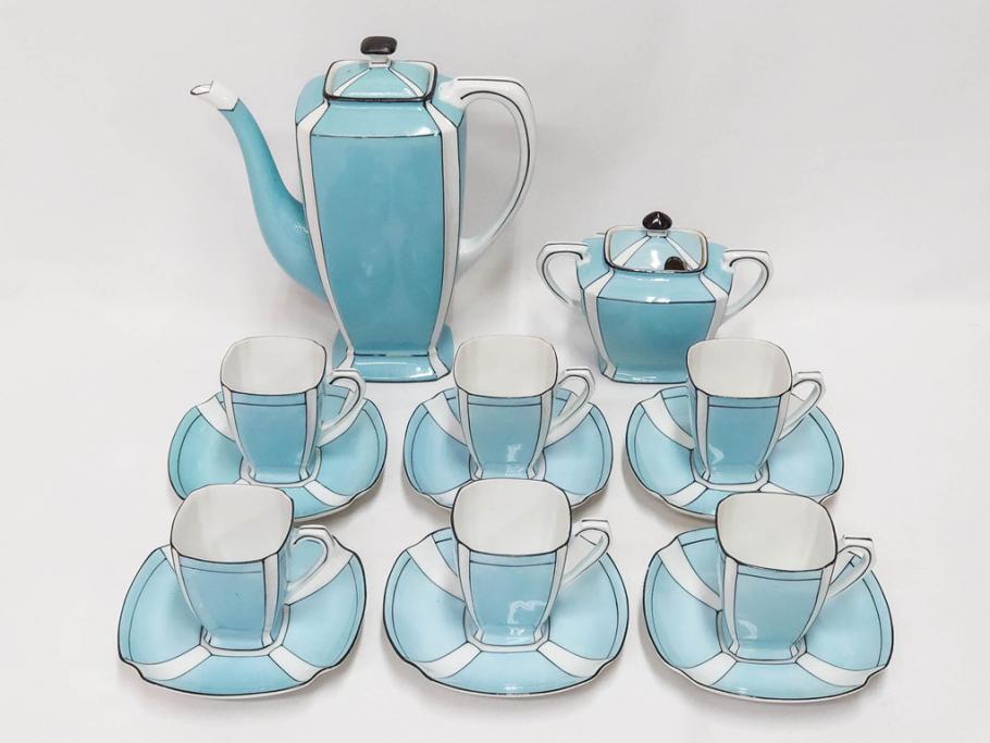 明治期　オールドノリタケ　NORITAKE　アールデコ　輸出向け　爽やかな水色が目を引くティーセット(ティーポット、シュガーポット、C&S6客、ティーカップ&ソーサー、洋食器)(R-081672)　