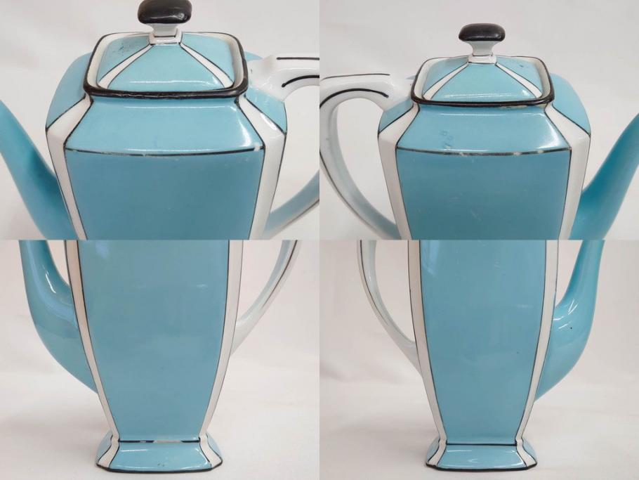 明治期　オールドノリタケ　NORITAKE　アールデコ　輸出向け　爽やかな水色が目を引くティーセット(ティーポット、シュガーポット、C&S6客、ティーカップ&ソーサー、洋食器)(R-081672)　