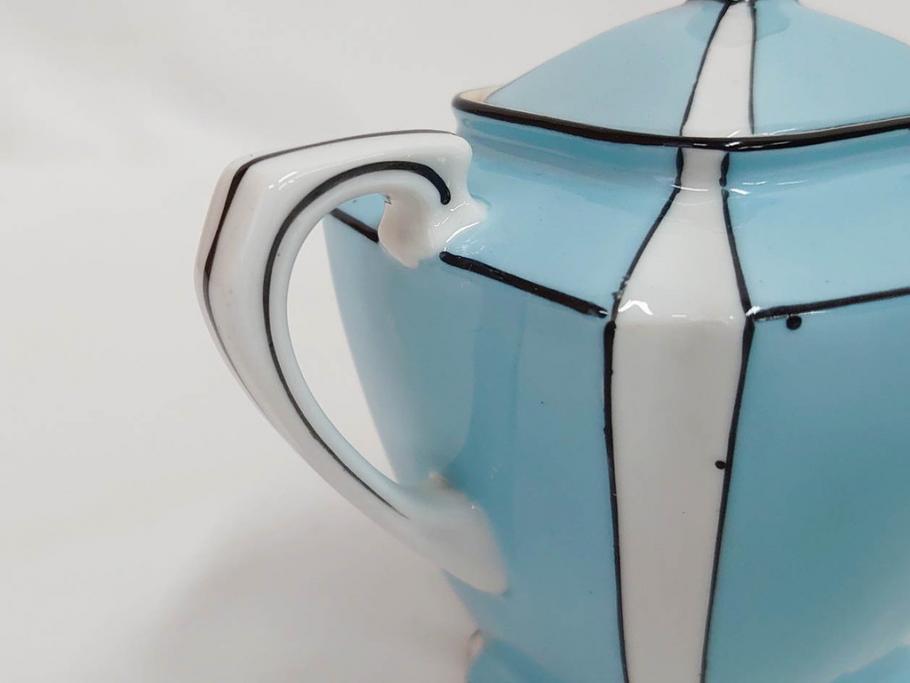 明治期　オールドノリタケ　NORITAKE　アールデコ　輸出向け　爽やかな水色が目を引くティーセット(ティーポット、シュガーポット、C&S6客、ティーカップ&ソーサー、洋食器)(R-081672)　
