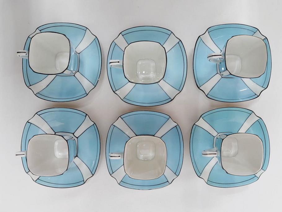明治期　オールドノリタケ　NORITAKE　アールデコ　輸出向け　爽やかな水色が目を引くティーセット(ティーポット、シュガーポット、C&S6客、ティーカップ&ソーサー、洋食器)(R-081672)　