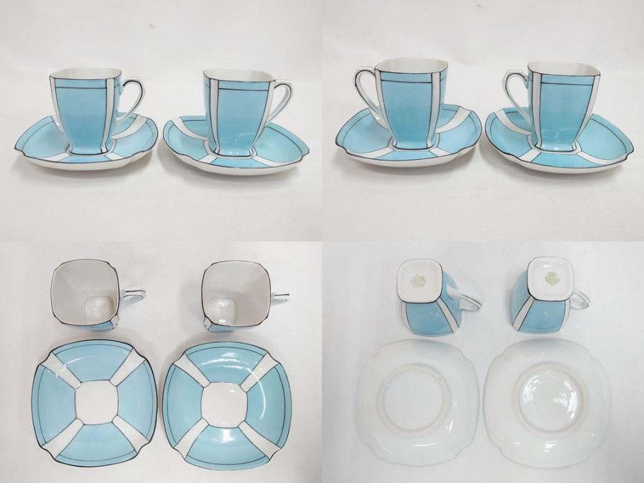 明治期　オールドノリタケ　NORITAKE　アールデコ　輸出向け　爽やかな水色が目を引くティーセット(ティーポット、シュガーポット、C&S6客、ティーカップ&ソーサー、洋食器)(R-081672)　