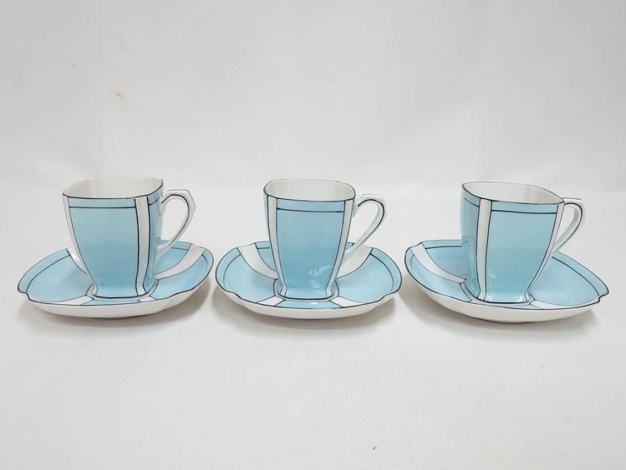 明治期　オールドノリタケ　NORITAKE　アールデコ　輸出向け　爽やかな水色が目を引くティーセット(ティーポット、シュガーポット、C&S6客、ティーカップ&ソーサー、洋食器)(R-081672)　