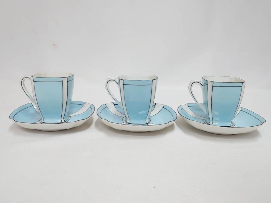 明治期　オールドノリタケ　NORITAKE　アールデコ　輸出向け　爽やかな水色が目を引くティーセット(ティーポット、シュガーポット、C&S6客、ティーカップ&ソーサー、洋食器)(R-081672)　