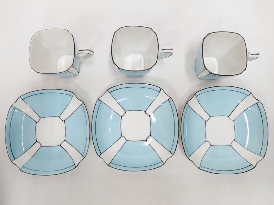 明治期　オールドノリタケ　NORITAKE　アールデコ　輸出向け　爽やかな水色が目を引くティーセット(ティーポット、シュガーポット、C&S6客、ティーカップ&ソーサー、洋食器)(R-081672)　