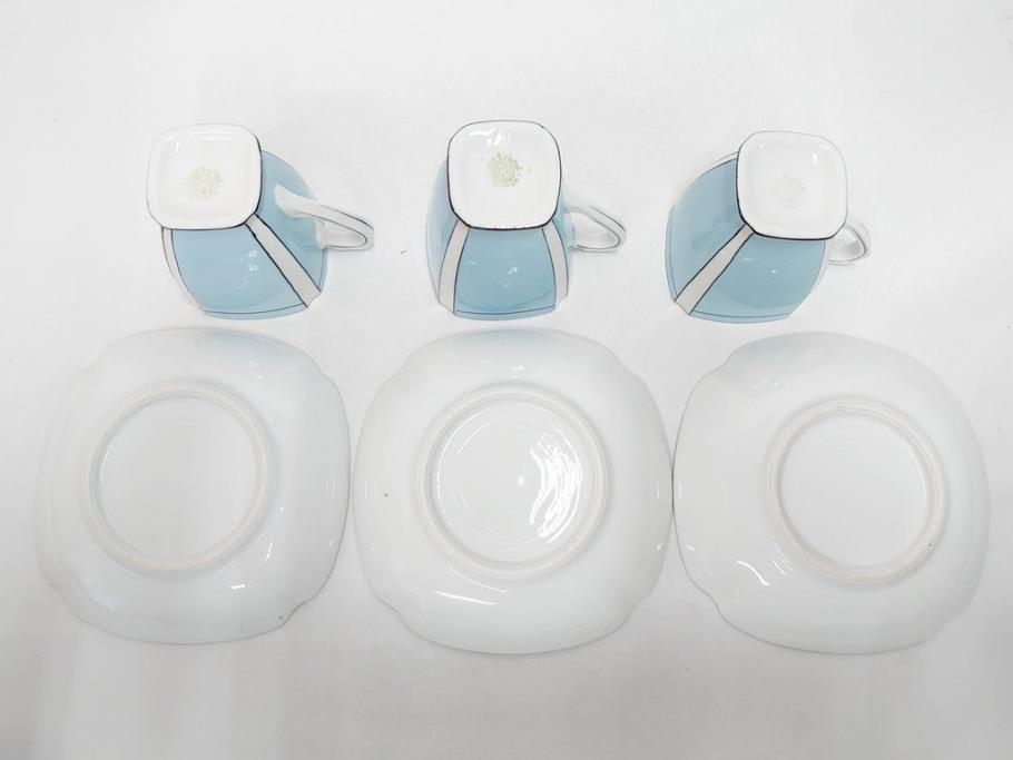明治期　オールドノリタケ　NORITAKE　アールデコ　輸出向け　爽やかな水色が目を引くティーセット(ティーポット、シュガーポット、C&S6客、ティーカップ&ソーサー、洋食器)(R-081672)　