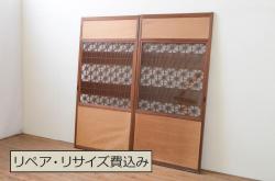 アンティーク建具　美品!　総欅(ケヤキ)材　巾着金具　鶴　明るい色合いのケヤキ戸に大振りの金具が映える格子蔵戸1枚(玄関戸、引き戸)(R-062210)