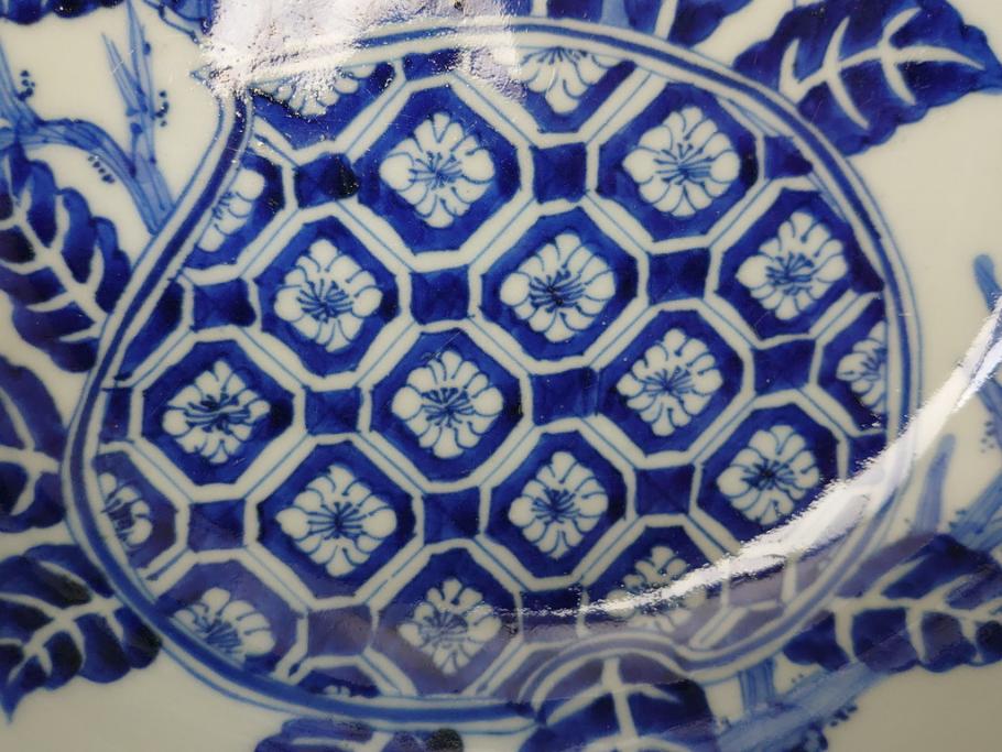  	江戸期　古伊万里　染付　8寸　約24cm　二重角福　花蝶図　波紋　深鉢(八寸、和食器)(R-063059)