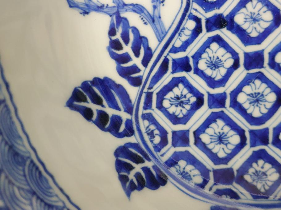 	江戸期　古伊万里　染付　8寸　約24cm　二重角福　花蝶図　波紋　深鉢(八寸、和食器)(R-063059)