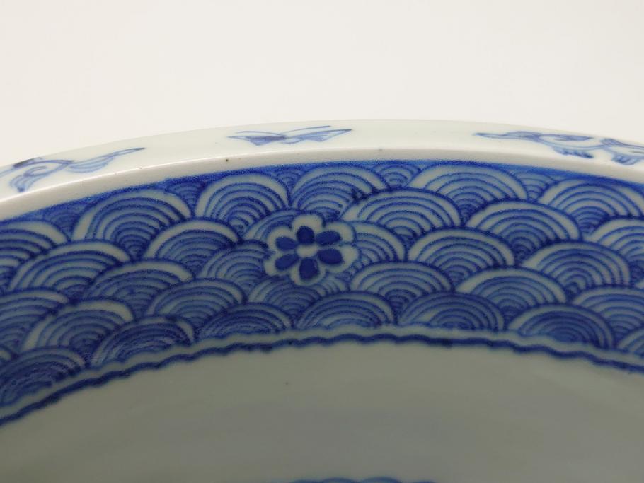  	江戸期　古伊万里　染付　8寸　約24cm　二重角福　花蝶図　波紋　深鉢(八寸、和食器)(R-063059)