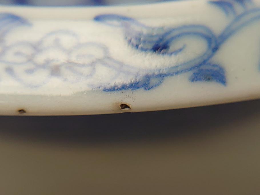  	江戸期　古伊万里　染付　8寸　約24cm　二重角福　花蝶図　波紋　深鉢(八寸、和食器)(R-063059)
