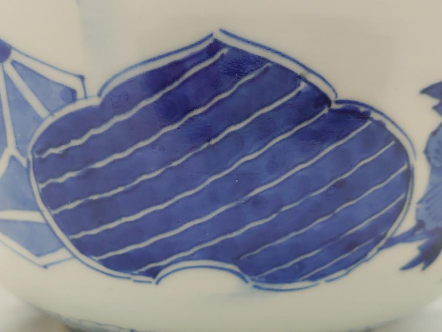  	江戸期　古伊万里　染付　8寸　約24cm　二重角福　花蝶図　波紋　深鉢(八寸、和食器)(R-063059)