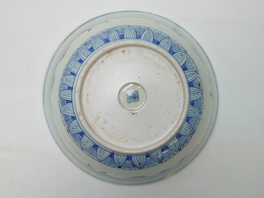  	江戸期　古伊万里　染付　8寸　約24cm　二重角福　花蝶図　波紋　深鉢(八寸、和食器)(R-063059)