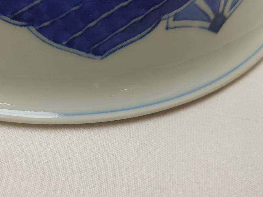  	江戸期　古伊万里　染付　8寸　約24cm　二重角福　花蝶図　波紋　深鉢(八寸、和食器)(R-063059)