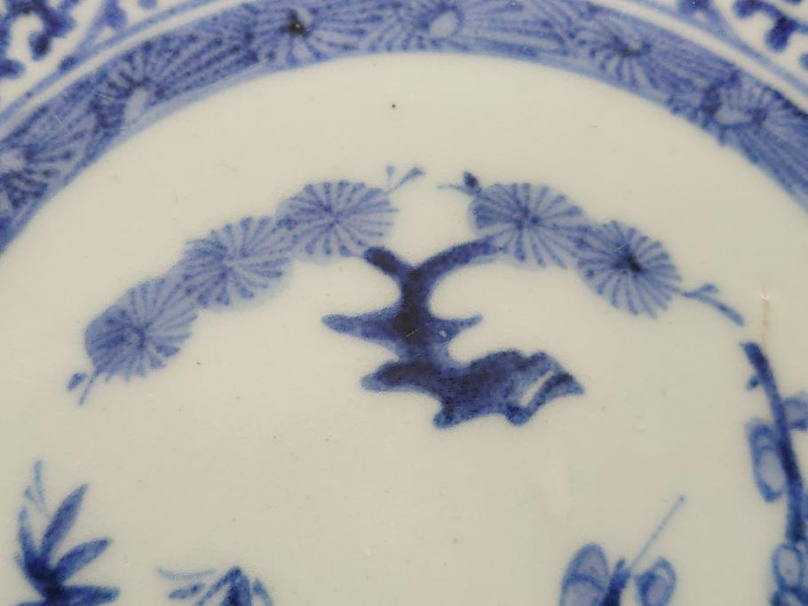  	江戸期　古伊万里　染付　蛸唐草　見込み松竹梅文　富貴長春　6.7寸　約20cm　中皿2枚セット(六寸七分、和皿、和食器)(R-063075)