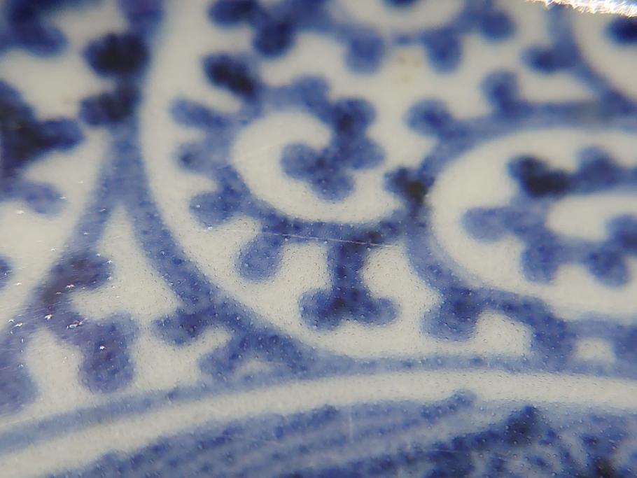  	江戸期　古伊万里　染付　蛸唐草　見込み松竹梅文　富貴長春　6.7寸　約20cm　中皿2枚セット(六寸七分、和皿、和食器)(R-063075)