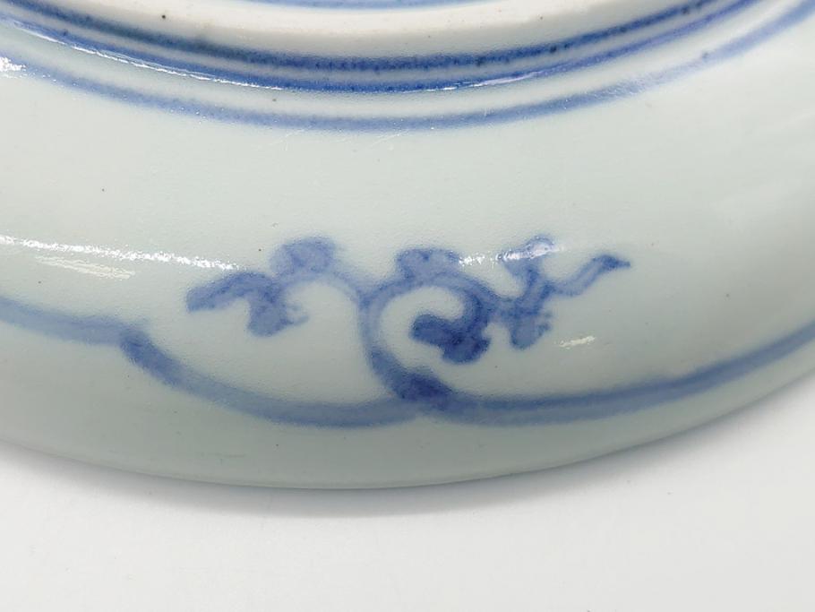  	江戸期　古伊万里　染付　蛸唐草　見込み松竹梅文　富貴長春　6.7寸　約20cm　中皿2枚セット(六寸七分、和皿、和食器)(R-063075)
