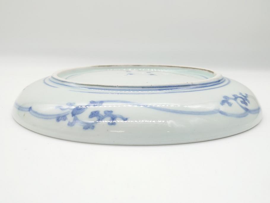 	江戸期　古伊万里　染付　蛸唐草　見込み松竹梅文　富貴長春　6.7寸　約20cm　中皿2枚セット(六寸七分、和皿、和食器)(R-063075)