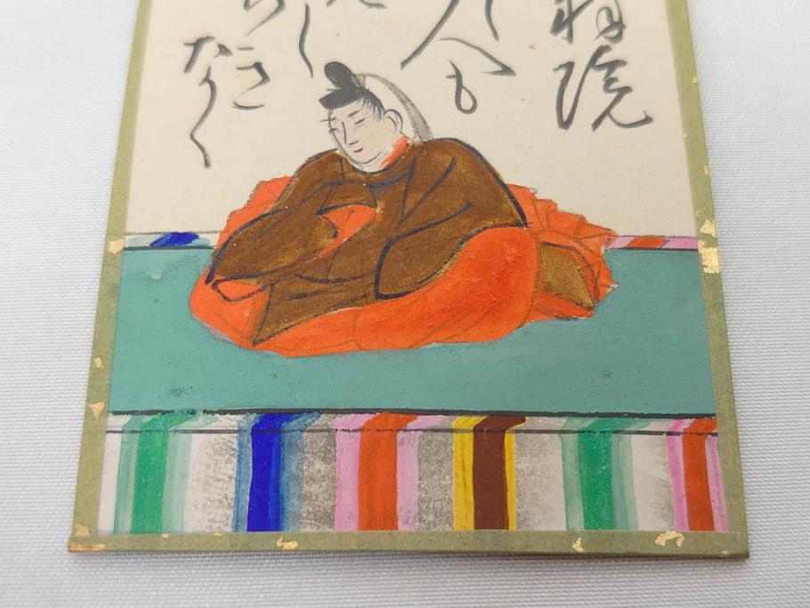 時代物　木箱　肉筆　彩色　小倉百人一首(カルタ、かるた、歌留多、百人首、ケース付)(R-081675)