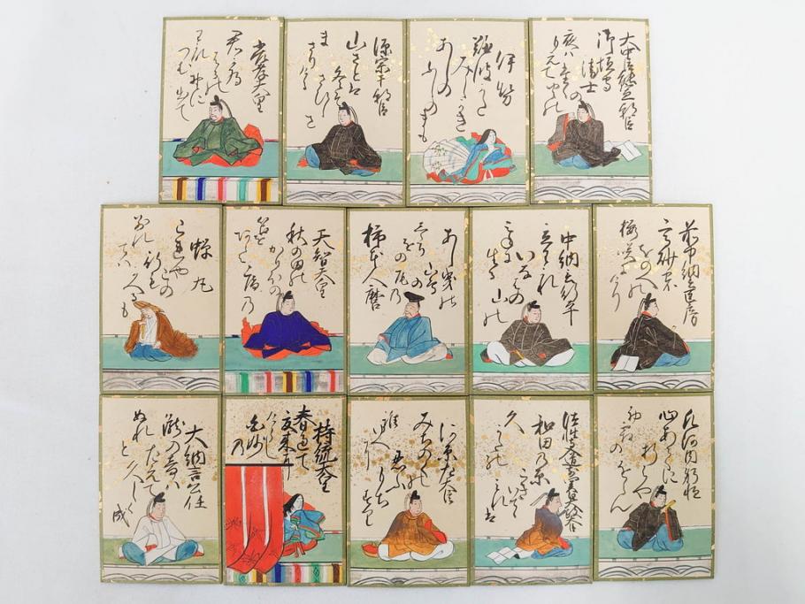 時代物　木箱　肉筆　彩色　小倉百人一首(カルタ、かるた、歌留多、百人首、ケース付)(R-081675)
