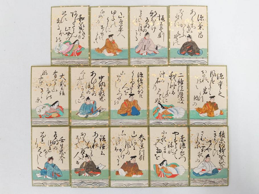 時代物　木箱　肉筆　彩色　小倉百人一首(カルタ、かるた、歌留多、百人首、ケース付)(R-081675)