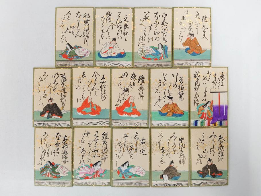 時代物　木箱　肉筆　彩色　小倉百人一首(カルタ、かるた、歌留多、百人首、ケース付)(R-081675)
