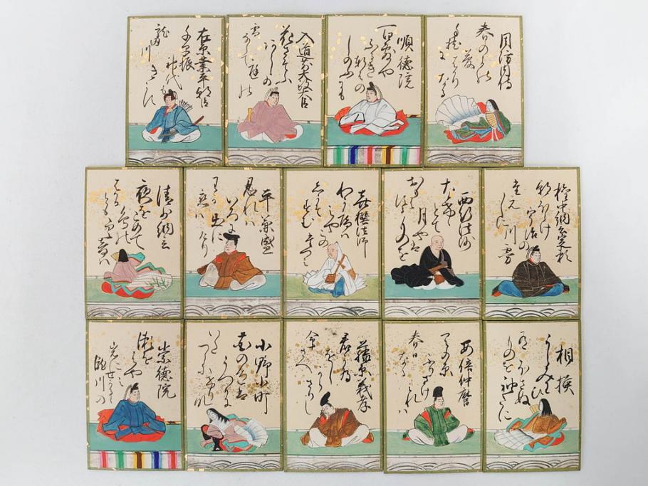 時代物　木箱　肉筆　彩色　小倉百人一首(カルタ、かるた、歌留多、百人首、ケース付)(R-081675)