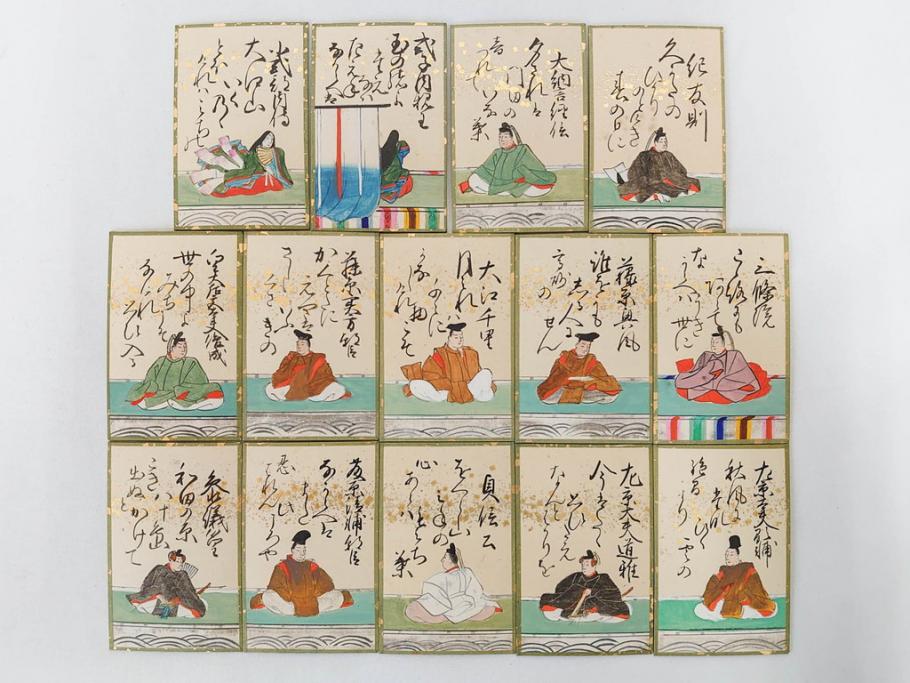 時代物　木箱　肉筆　彩色　小倉百人一首(カルタ、かるた、歌留多、百人首、ケース付)(R-081675)