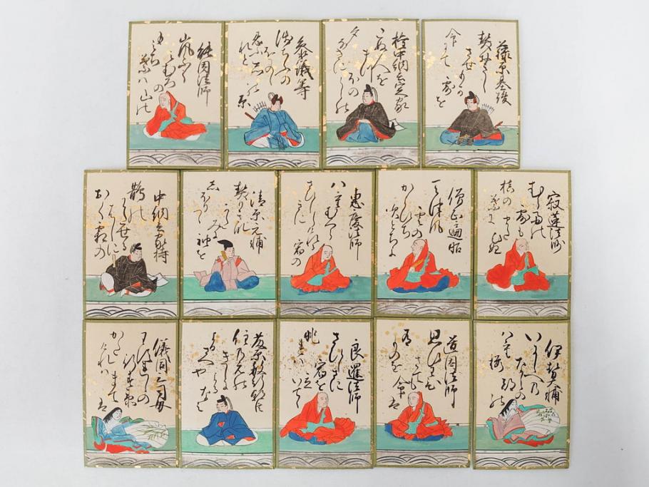 時代物　木箱　肉筆　彩色　小倉百人一首(カルタ、かるた、歌留多、百人首、ケース付)(R-081675)
