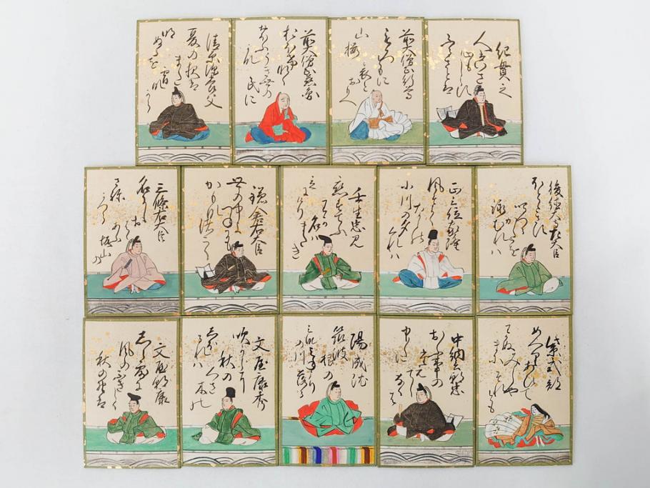 時代物　木箱　肉筆　彩色　小倉百人一首(カルタ、かるた、歌留多、百人首、ケース付)(R-081675)
