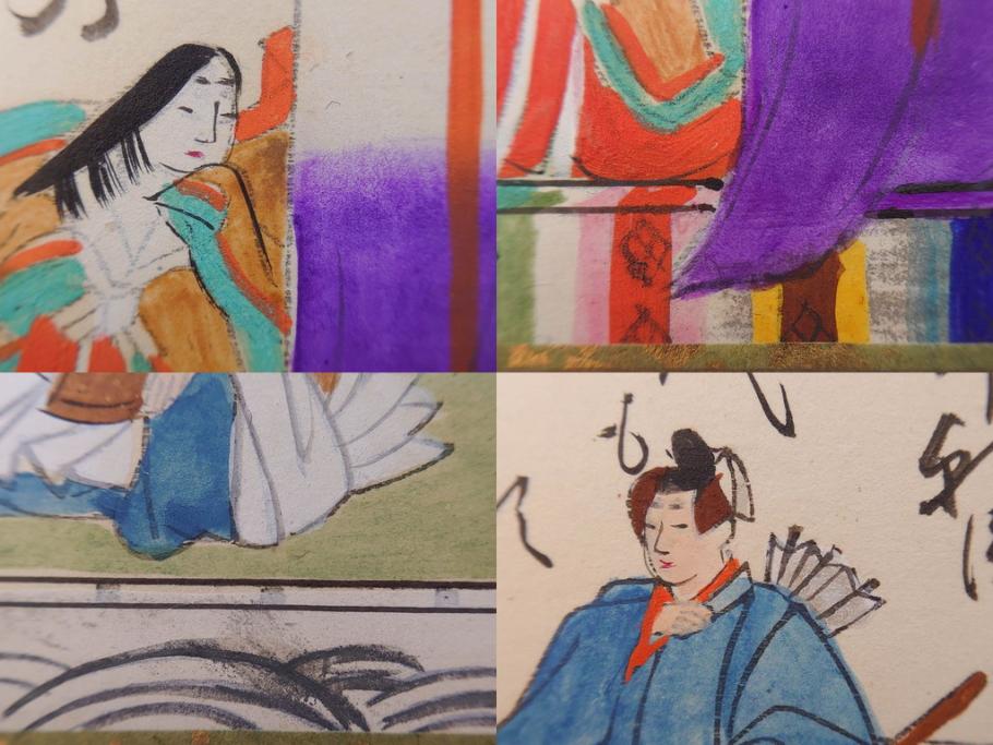 時代物　木箱　肉筆　彩色　小倉百人一首(カルタ、かるた、歌留多、百人首、ケース付)(R-081675)