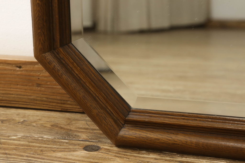 和製ビンテージ　ナラ材　落ち着いた木の色味が和洋どちらのお部屋にも取り入れやすい木製フレームのミラー(ヴィンテージ、鏡、壁掛けミラー)(R-060594)