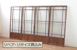 アンティーク建具　背が高い!!　味わい深い格子板戸1枚(きつね格子、狐格子、格子戸、板戸、引き戸、マス目)(R-065482)