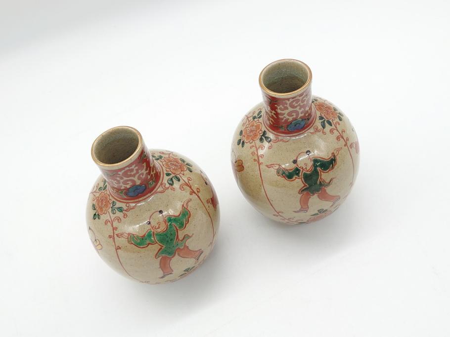 大正〜昭和初期　古代寫九谷焼　納賀花山　色絵　金彩　唐子図　花瓶2点セット(共箱付き、花山造、花山堂、花器、花入、和食器)(R-063078)