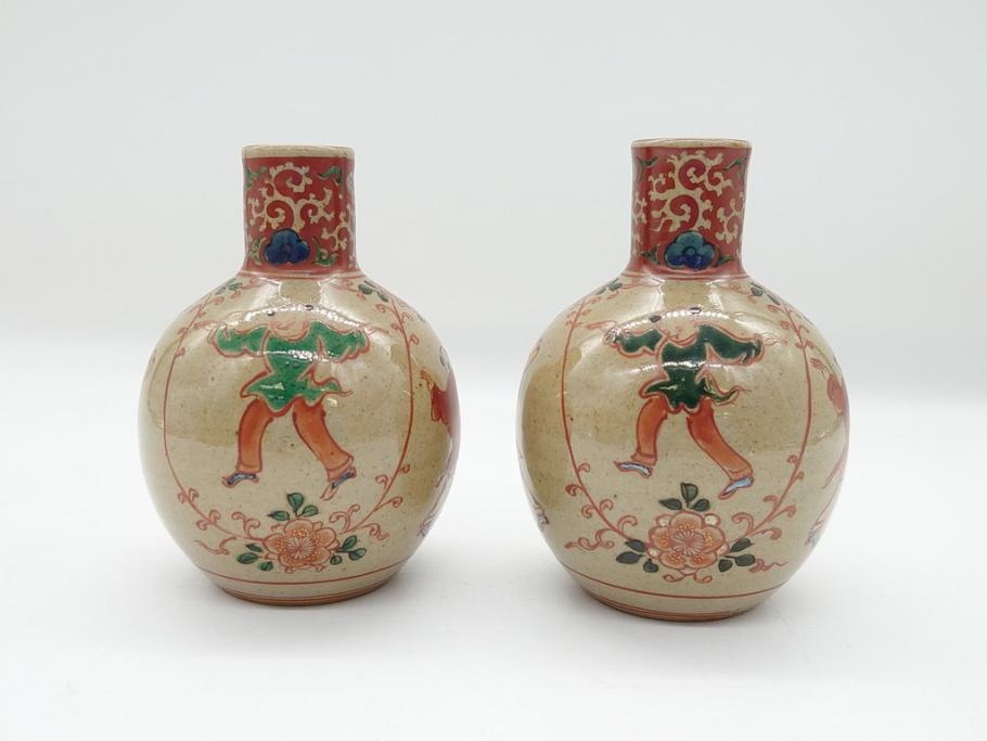 大正〜昭和初期　古代寫九谷焼　納賀花山　色絵　金彩　唐子図　花瓶2点セット(共箱付き、花山造、花山堂、花器、花入、和食器)(R-063078)