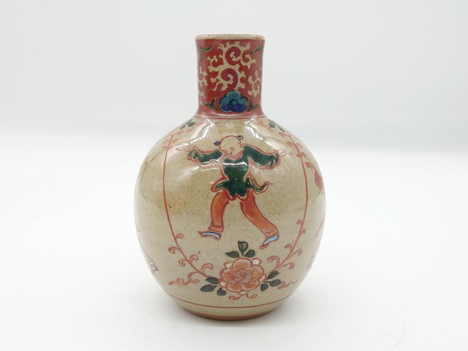 大正〜昭和初期　古代寫九谷焼　納賀花山　色絵　金彩　唐子図　花瓶2点セット(共箱付き、花山造、花山堂、花器、花入、和食器)(R-063078)