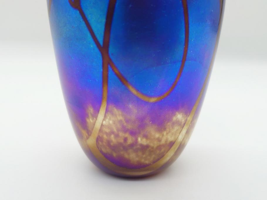 イギリス　ガラス職人　Norman Stuart Clarke(ノーマン・スチュアート・クラーク)　花器2点セット(花瓶、香水瓶(栓なし)?、アートガラス)(R-063092)