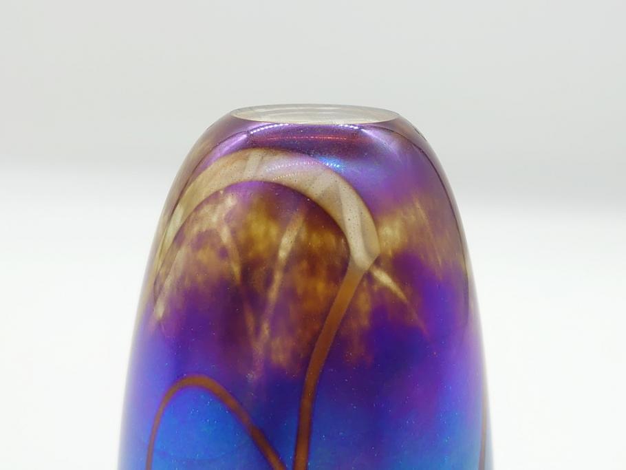 イギリス　ガラス職人　Norman Stuart Clarke(ノーマン・スチュアート・クラーク)　花器2点セット(花瓶、香水瓶(栓なし)?、アートガラス)(R-063092)