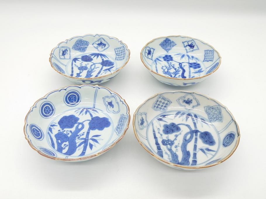 古伊万里 染付 花唐草 松竹梅 線描き 輪花型 膾皿 - 生活骨董と古布のアンティークショップ antique TANTRA