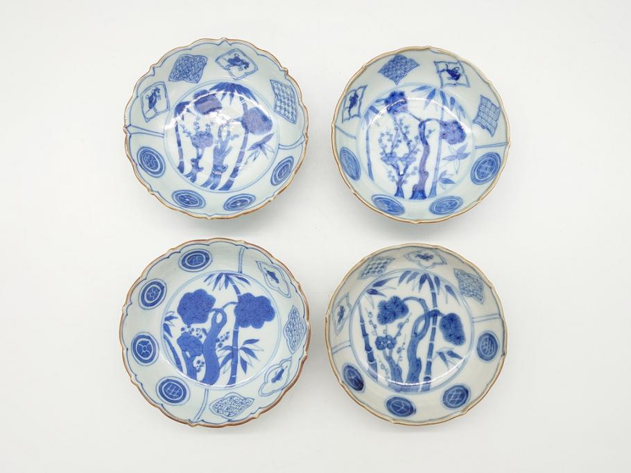 江戸期 上手物 古伊万里 染付 松竹梅文 角福 3.6寸 約11cm 稜花