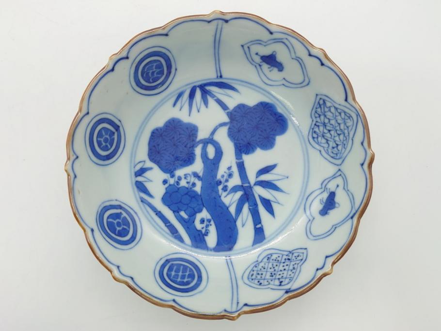 古伊万里 染付 花唐草 松竹梅 線描き 輪花型 膾皿 - 生活骨董と古布のアンティークショップ antique TANTRA