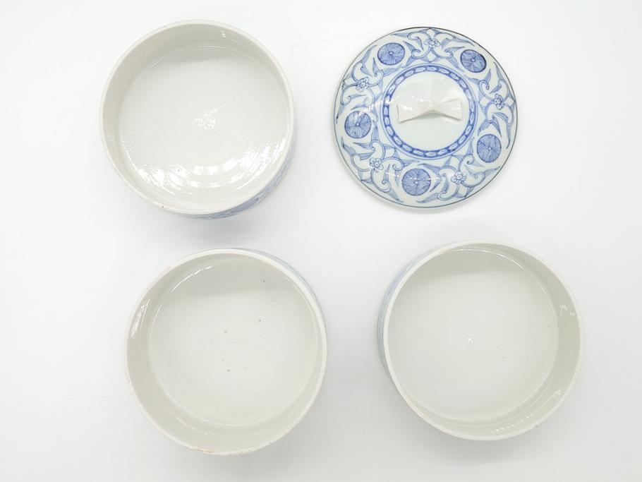 幕末 伊万里 染付 線描 草花文 丸 直径5.2寸 約16cm 三段重(重箱、陶器